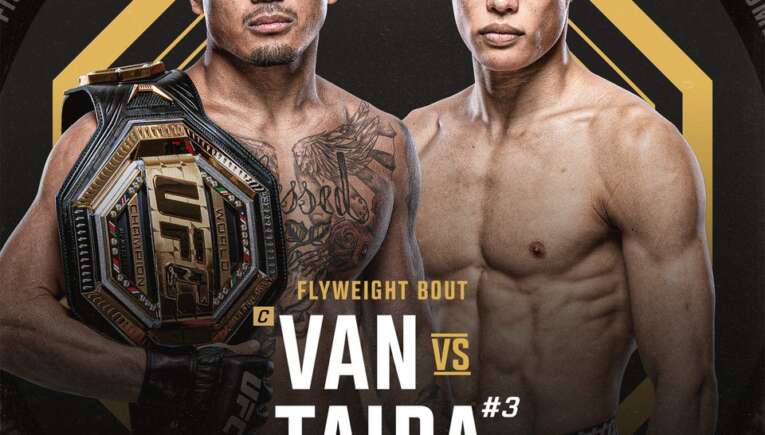 UFC 327 poster featuring two shirtless fighters, one with a championship belt, facing the camera for the Van vs. Taira bout on April 11.