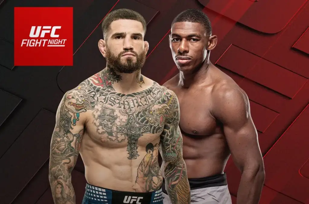 UFC Fight Night promotional image with two shirtless fighters posing against a red geometric background and logo in the corner.