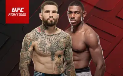 UFC Fight Night promotional image with two shirtless fighters posing against a red geometric background and logo in the corner.