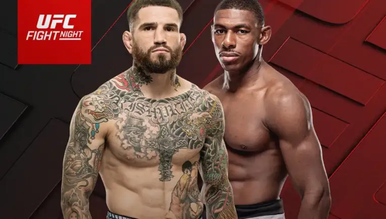 UFC Fight Night promotional image with two shirtless fighters posing against a red geometric background and logo in the corner.