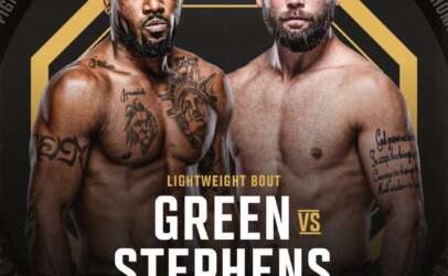 UFC 328 poster showing fighters Green and Stephens for a lightweight bout, May 9 edition.