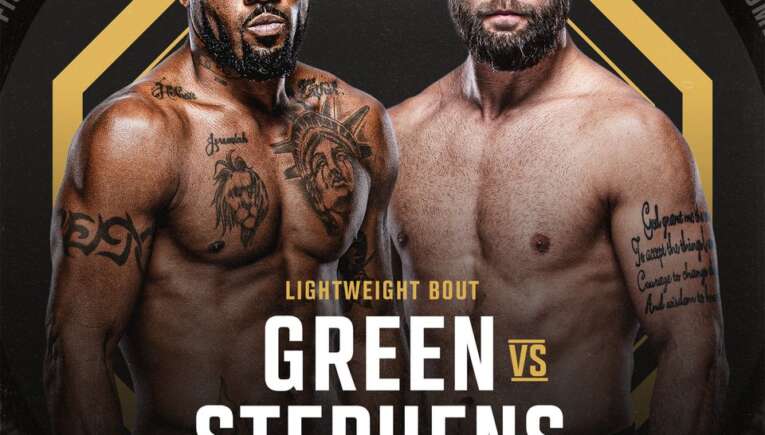 UFC 328 poster showing fighters Green and Stephens for a lightweight bout, May 9 edition.