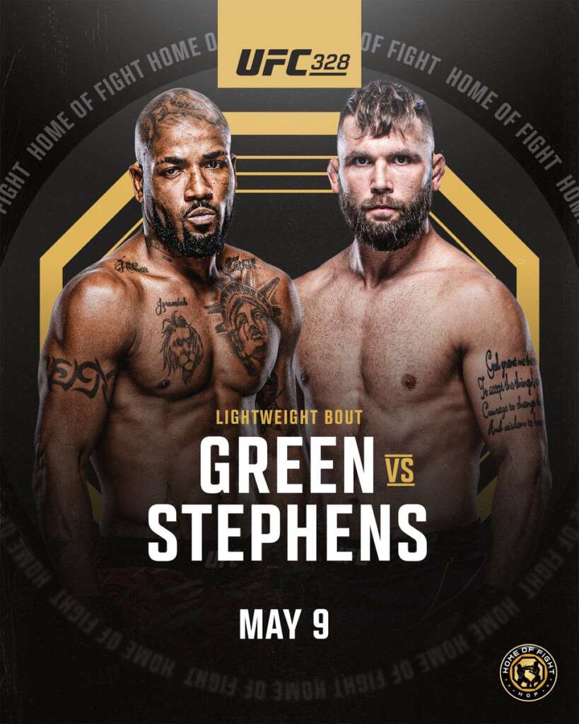 UFC 328 poster showing fighters Green and Stephens for a lightweight bout, May 9 edition.