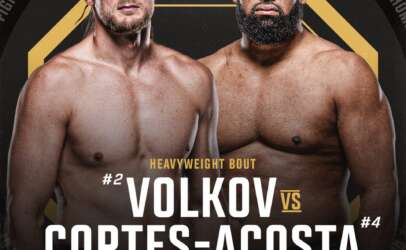 UFC poster featuring heavyweight fighters Volkov and Cortes-Acosta shirtless, facing the camera for a May 9 bout, with bold text below.