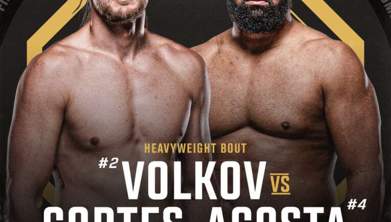 UFC poster featuring heavyweight fighters Volkov and Cortes-Acosta shirtless, facing the camera for a May 9 bout, with bold text below.