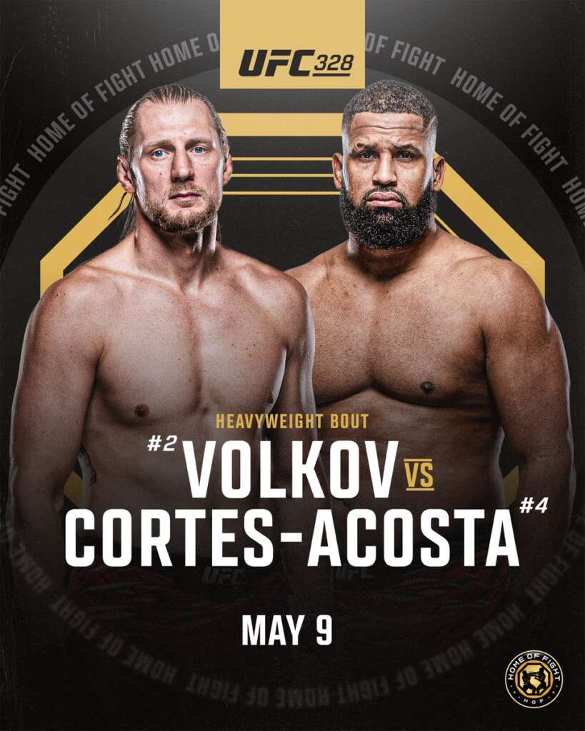 UFC poster featuring heavyweight fighters Volkov and Cortes-Acosta shirtless, facing the camera for a May 9 bout, with bold text below.