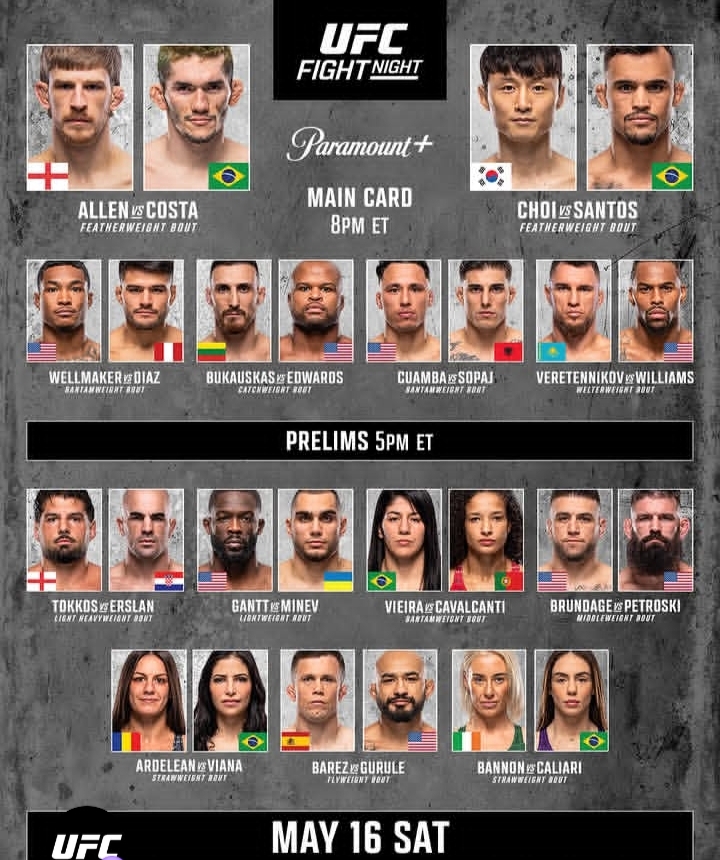 UFC Fight Night poster showing main card and prelims lineups with fighters and country flags beside their photos.