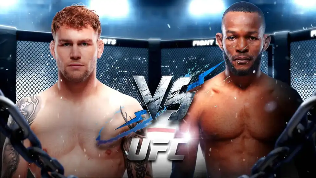 Two shirtless male fighters face off inside a cage before a bout, with a bold 'VS' graphic between them and spotlights above.