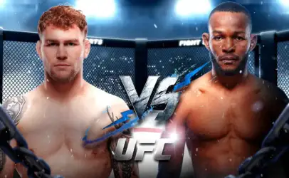 Two shirtless male fighters face off inside a cage before a bout, with a bold 'VS' graphic between them and spotlights above.