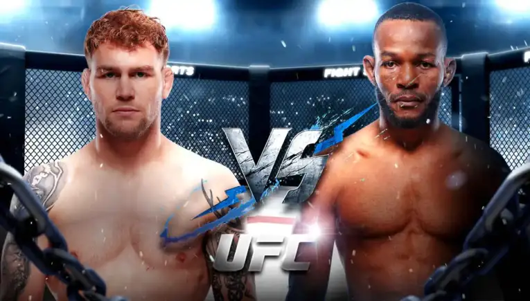 Two shirtless male fighters face off inside a cage before a bout, with a bold 'VS' graphic between them and spotlights above.