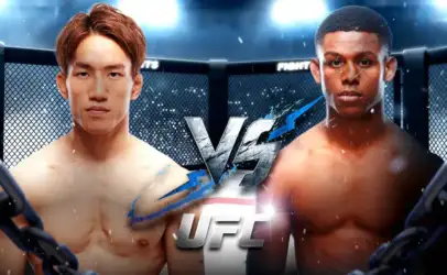 Two shirtless fighters face off in a UFC-style cage, with a 'VS' graphic between them.