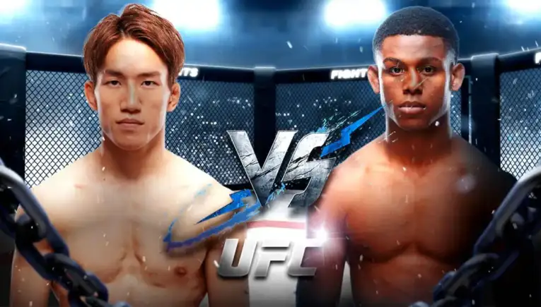Two shirtless fighters face off in a UFC-style cage, with a 'VS' graphic between them.