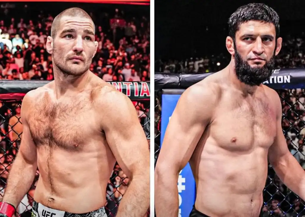 Two shirtless male MMA fighters inside a cage, shown in a split-screen layout; left fighter has a shaved head and light stubble, right fighter has dark hair and a full beard.