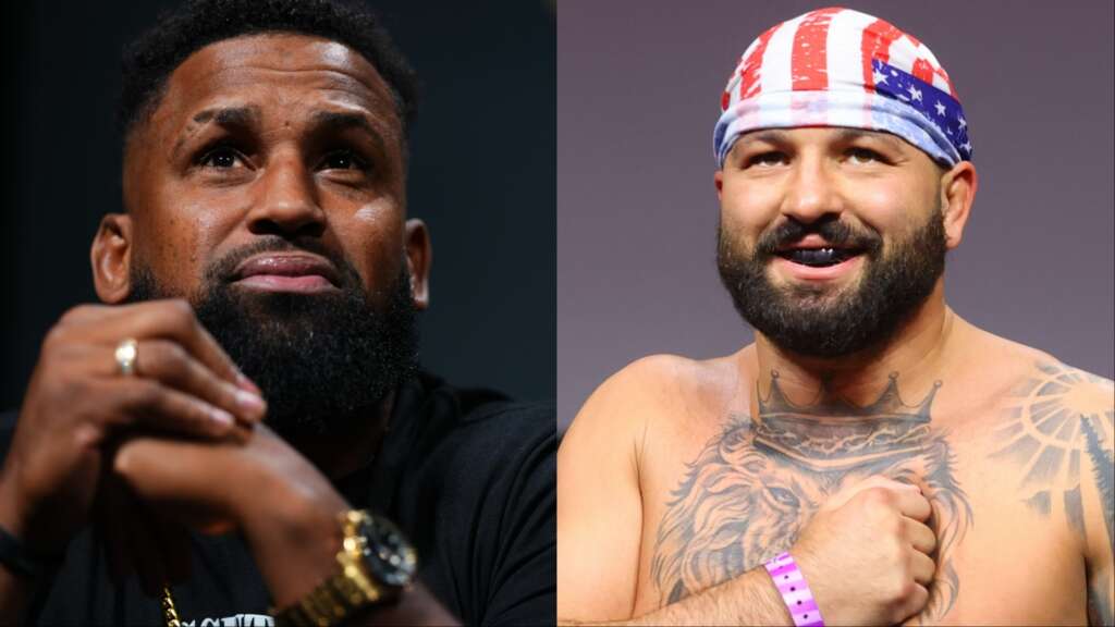 Split image of two men: left man with beard looking upward, hands near chin in thoughtful pose; right man shirtless with a crown tattoo, wearing a flag bandana, smiling.
