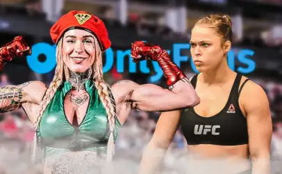 Two female UFC fighters walk onto the arena: left, a tattooed woman in green with a red beret; right, a focused athlete in a black UFC sports bra.
