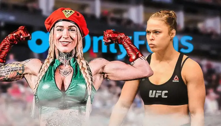 Two female UFC fighters walk onto the arena: left, a tattooed woman in green with a red beret; right, a focused athlete in a black UFC sports bra.