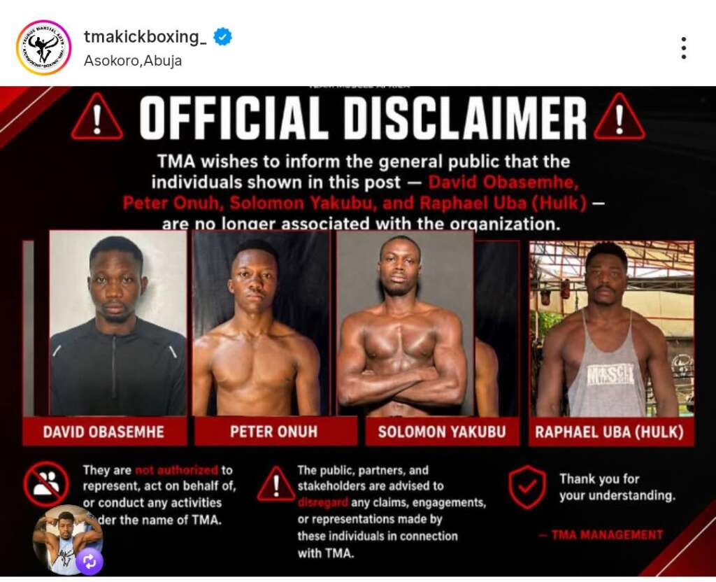 Tm kickboxing official disclaimer poster listing four individuals: David Obas emhe, Peter Onuh, Solomon Yakubu, and Raphael Uba (Hulk).