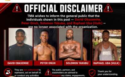 Tm kickboxing official disclaimer poster listing four individuals: David Obas emhe, Peter Onuh, Solomon Yakubu, and Raphael Uba (Hulk).