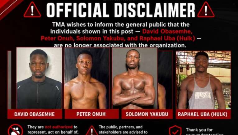 Tm kickboxing official disclaimer poster listing four individuals: David Obas emhe, Peter Onuh, Solomon Yakubu, and Raphael Uba (Hulk).
