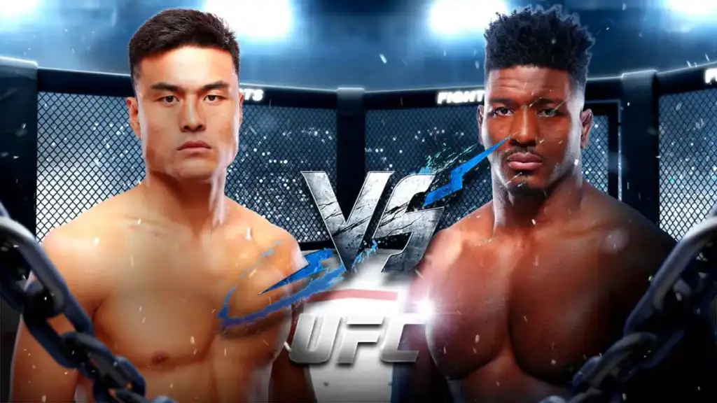 Two muscular male fighters face off inside a UFC cage with a large VS graphic between them.