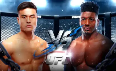 Two muscular male fighters face off inside a UFC cage with a large VS graphic between them.