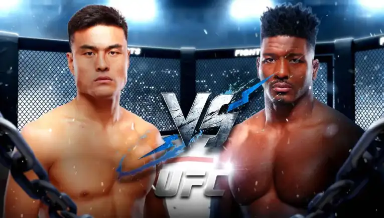 Two muscular male fighters face off inside a UFC cage with a large VS graphic between them.