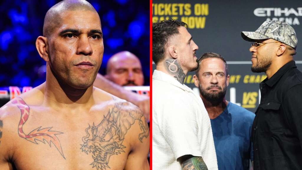 Split-image showing a tattooed, bare-chested fighter on the left and two rivals facing off on the right before a bout load-in scene.