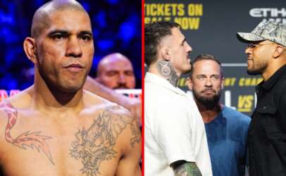 Split-image showing a tattooed, bare-chested fighter on the left and two rivals facing off on the right before a bout load-in scene.