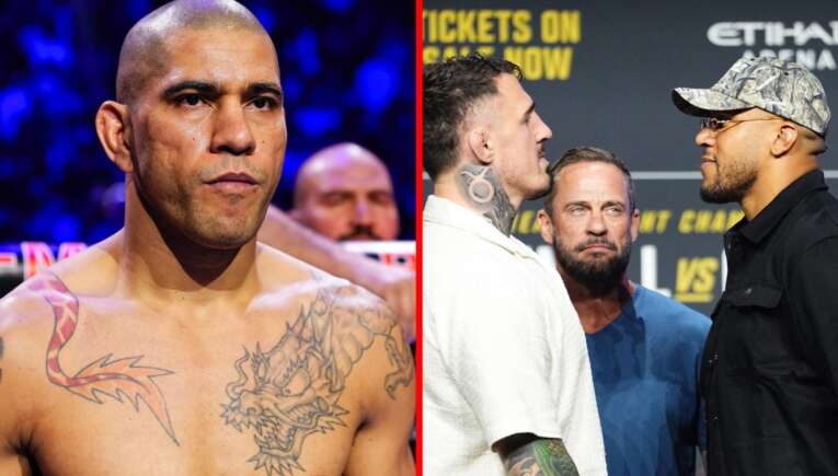 Split-image showing a tattooed, bare-chested fighter on the left and two rivals facing off on the right before a bout load-in scene.