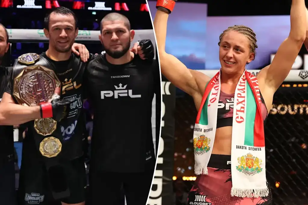 Split-screen: left shows two male fighters, one holding a championship belt; right shows a smiling female fighter with arms raised in victory, wearing a tricolor scarf with crests in an arena.