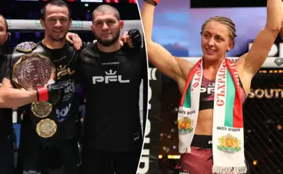 Split-screen: left shows two male fighters, one holding a championship belt; right shows a smiling female fighter with arms raised in victory, wearing a tricolor scarf with crests in an arena.