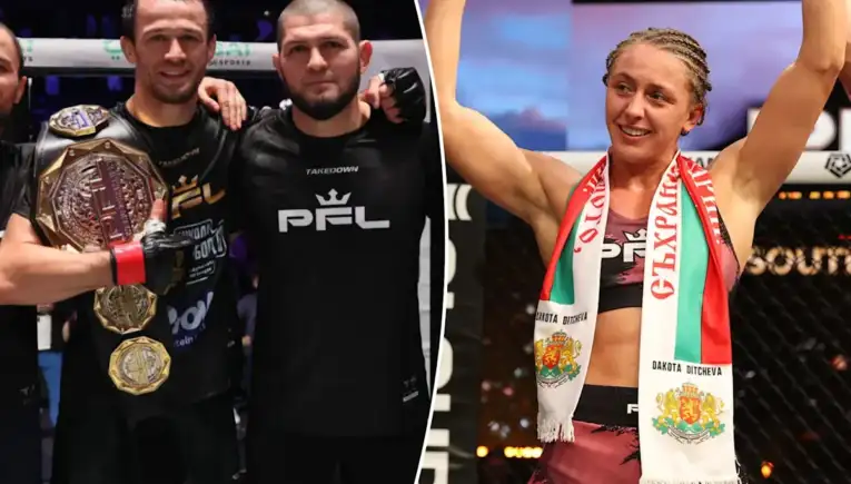 Split-screen: left shows two male fighters, one holding a championship belt; right shows a smiling female fighter with arms raised in victory, wearing a tricolor scarf with crests in an arena.