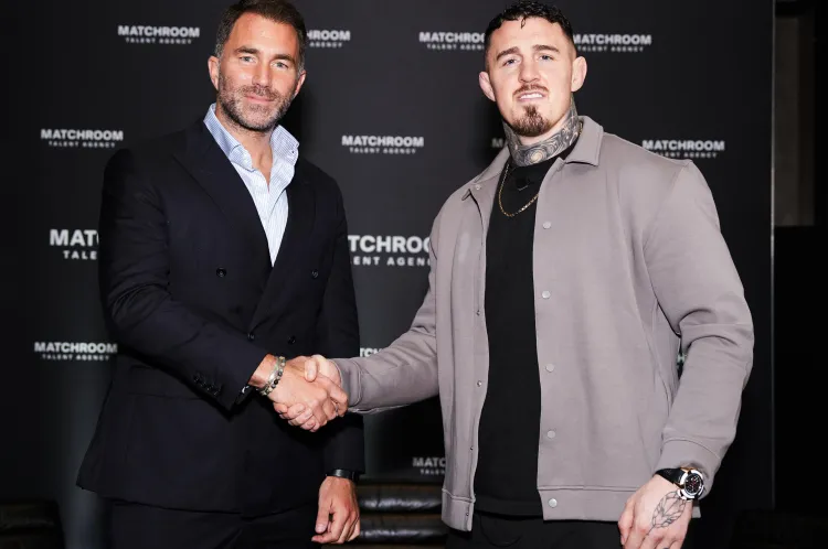 Two men shake hands at a media event in front of a black backdrop that reads MATCHROOM.