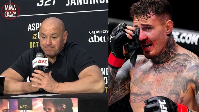 Split image: On the left, UFC president Dana White at a press conference; on the right, a tattooed UFC fighter wiping blood from his face.