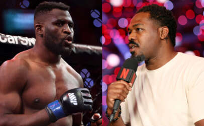 Split image: on the left, a muscular MMA fighter in a cage wearing gloves; on the right, a man in a white shirt interviewing with a microphone in front of colorful bokeh lights.