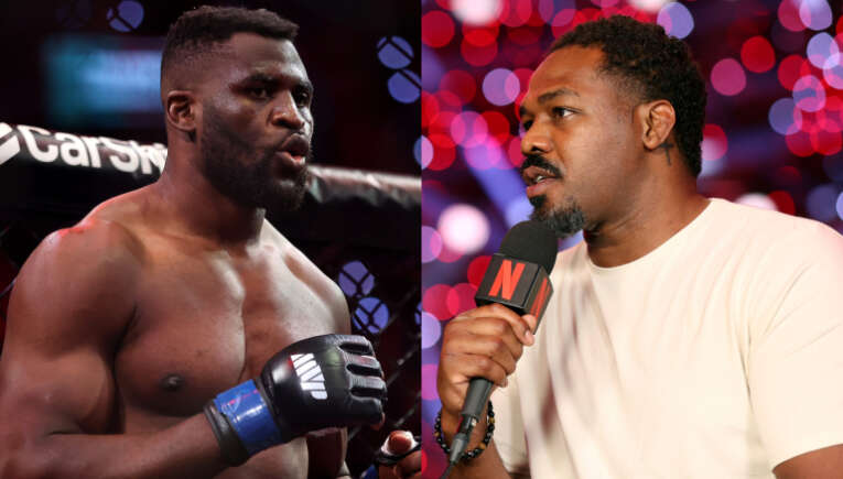 Split image: on the left, a muscular MMA fighter in a cage wearing gloves; on the right, a man in a white shirt interviewing with a microphone in front of colorful bokeh lights.