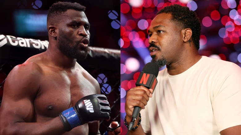 jon-jones-ngannou-ufc-superfight-mvp-ko - AfroCombat Split image: on the left, a muscular MMA fighter in a cage wearing gloves; on the right, a man in a white shirt interviewing with a microphone in front of colorful bokeh lights.