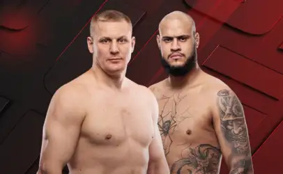 Two shirtless male fighters pose side by side against a red geometric backdrop; one has short hair, the other is bald with tattoos on his arm/torso.
