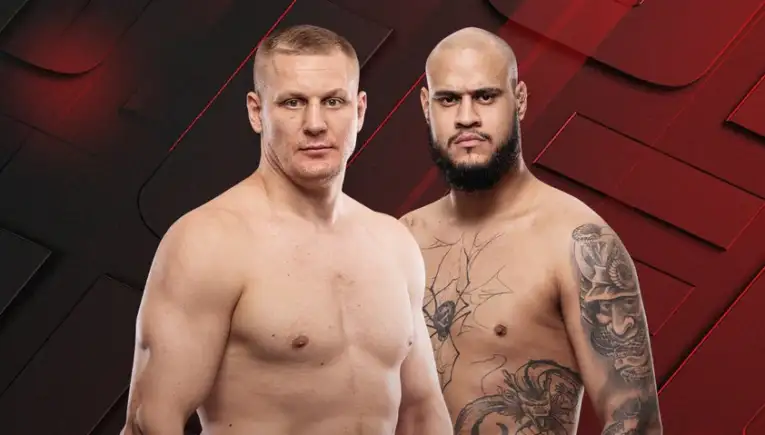 Two shirtless male fighters pose side by side against a red geometric backdrop; one has short hair, the other is bald with tattoos on his arm/torso.