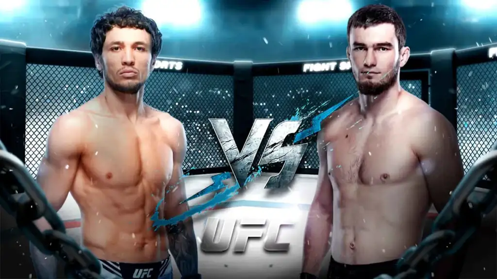 3c91ca932321381b4f9031d663558807 - AfroCombat Two shirtless UFC fighters stand in a cage, facing each other with a bold VS graphic between them in a promotional pose.