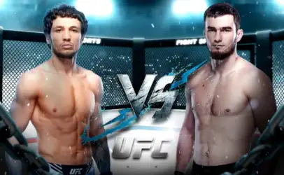 Two shirtless UFC fighters stand in a cage, facing each other with a bold VS graphic between them in a promotional pose.