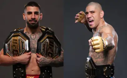 Two UFC champions posing side by side with championship belts on their shoulders, one calm and the other in a fighting stance.