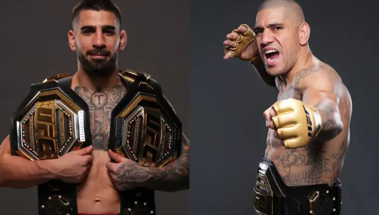 Two UFC champions posing side by side with championship belts on their shoulders, one calm and the other in a fighting stance.