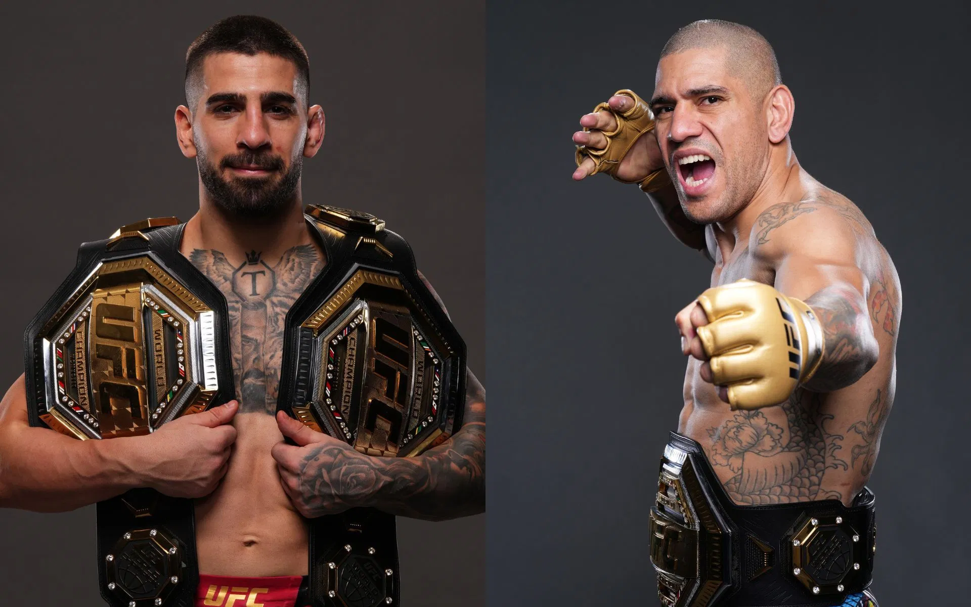 Two UFC champions posing side by side with championship belts on their shoulders, one calm and the other in a fighting stance.