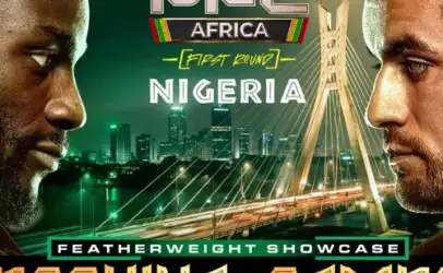 Promotional poster for PFL Africa Nigeria: two male fighters face off with a city skyline behind them.
