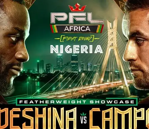 Promotional poster for PFL Africa Nigeria: two male fighters face off with a city skyline behind them.