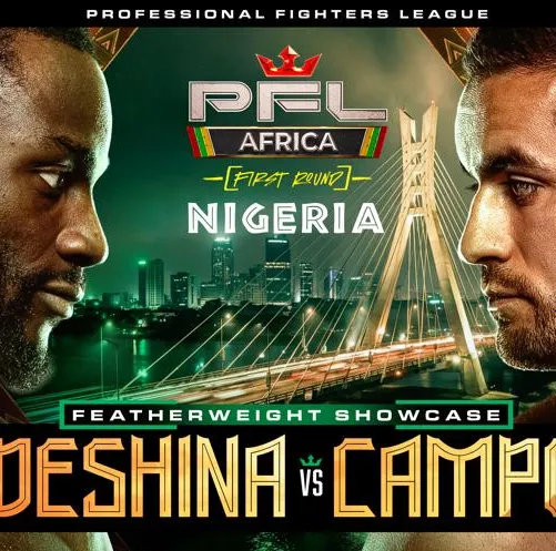 7a4d68b7-71bd-e5e5-5ae8-9e2d20a37673 - AfroCombat Promotional poster for PFL Africa Nigeria: two male fighters face off with a city skyline behind them.