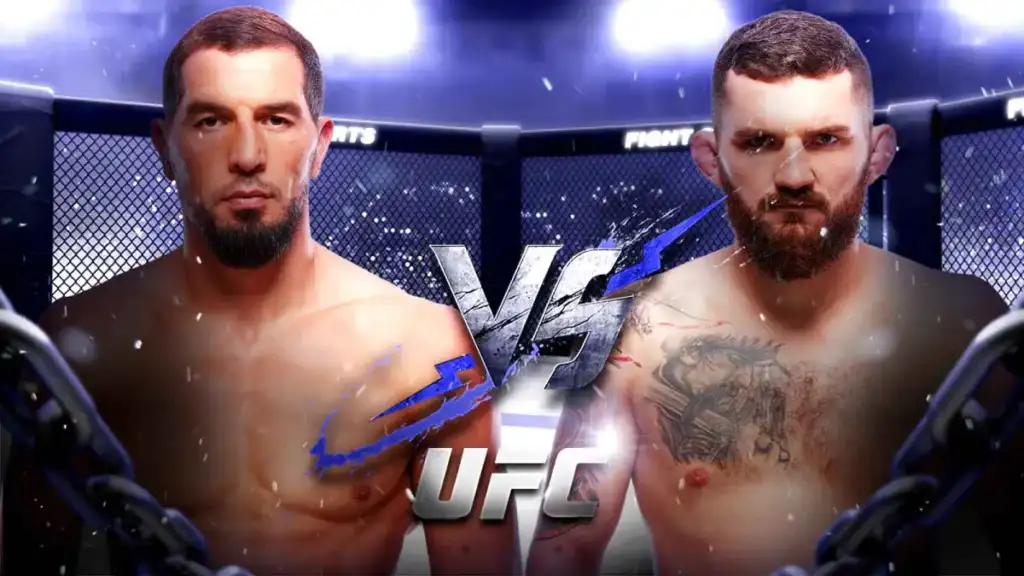 Two shirtless male MMA fighters face off inside a cage, with a bold 'VS' graphic and UFC logo between them.
