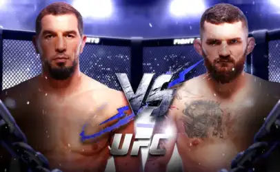 Two shirtless male MMA fighters face off inside a cage, with a bold 'VS' graphic and UFC logo between them.