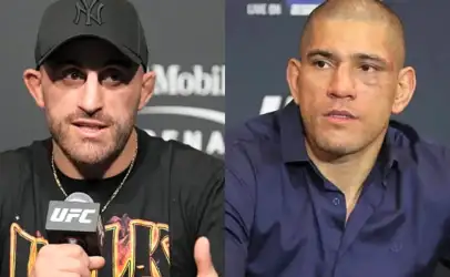 Split image of two men: left, a fighter wearing a black NY cap speaking into a UFC microphone; right, a man in a blue shirt at a press event.